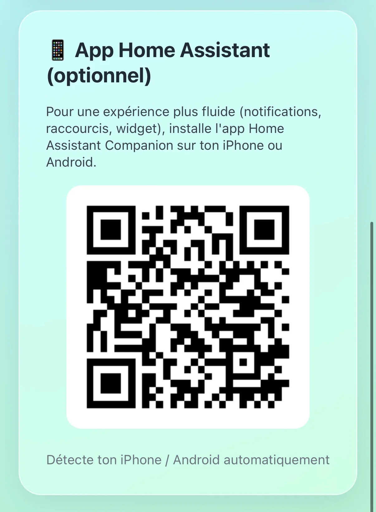 Accueil — étape 3 : QR optionnel de l'app HA Companion